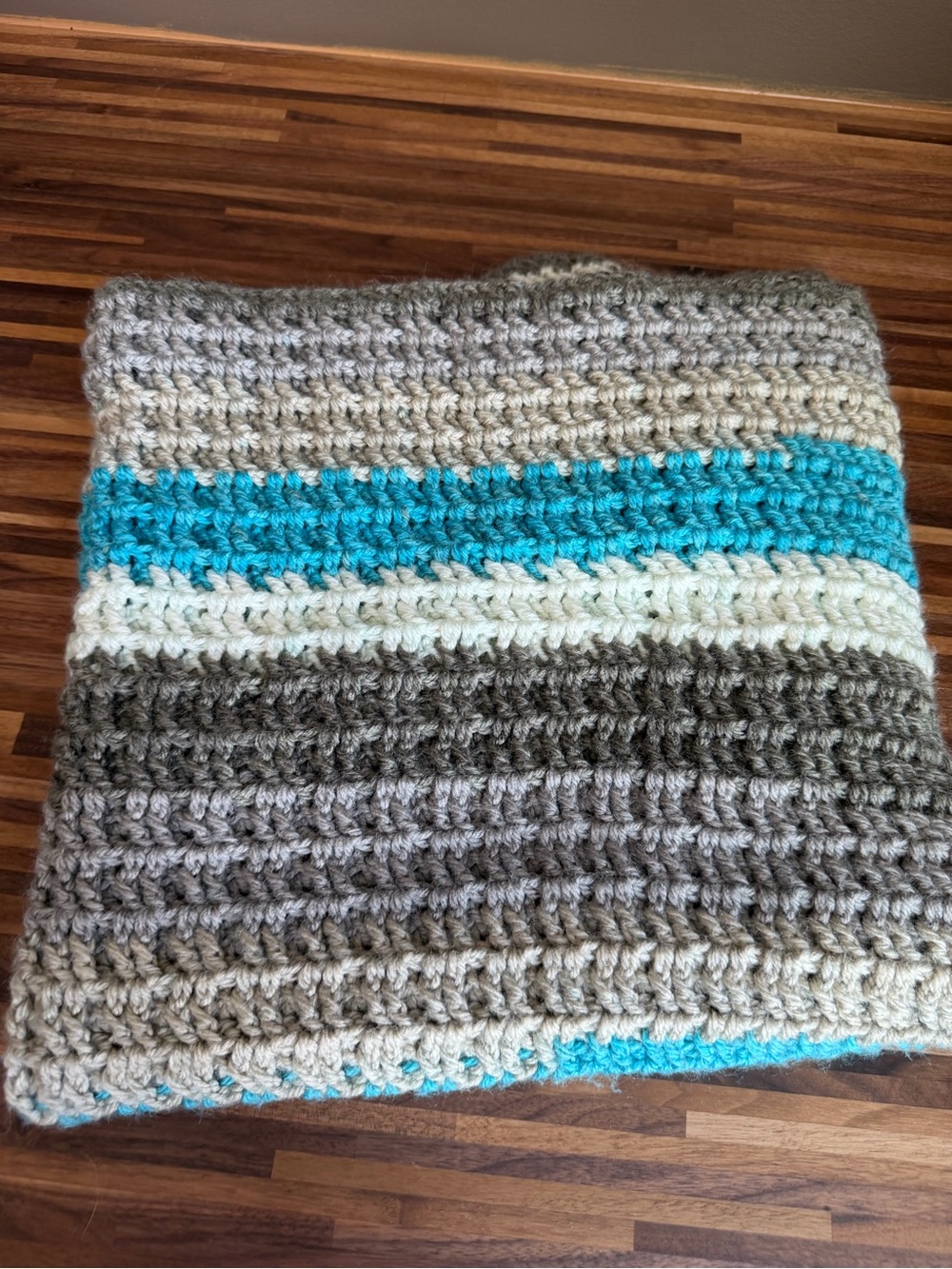 Handmade Kids Crochet Blanket in Turquoise, Cream and Gray